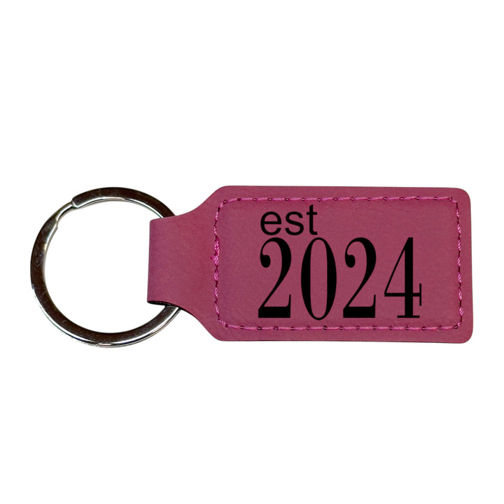 HipFlaskPlus pink leather rectangle keychain with Est 2024 engraving