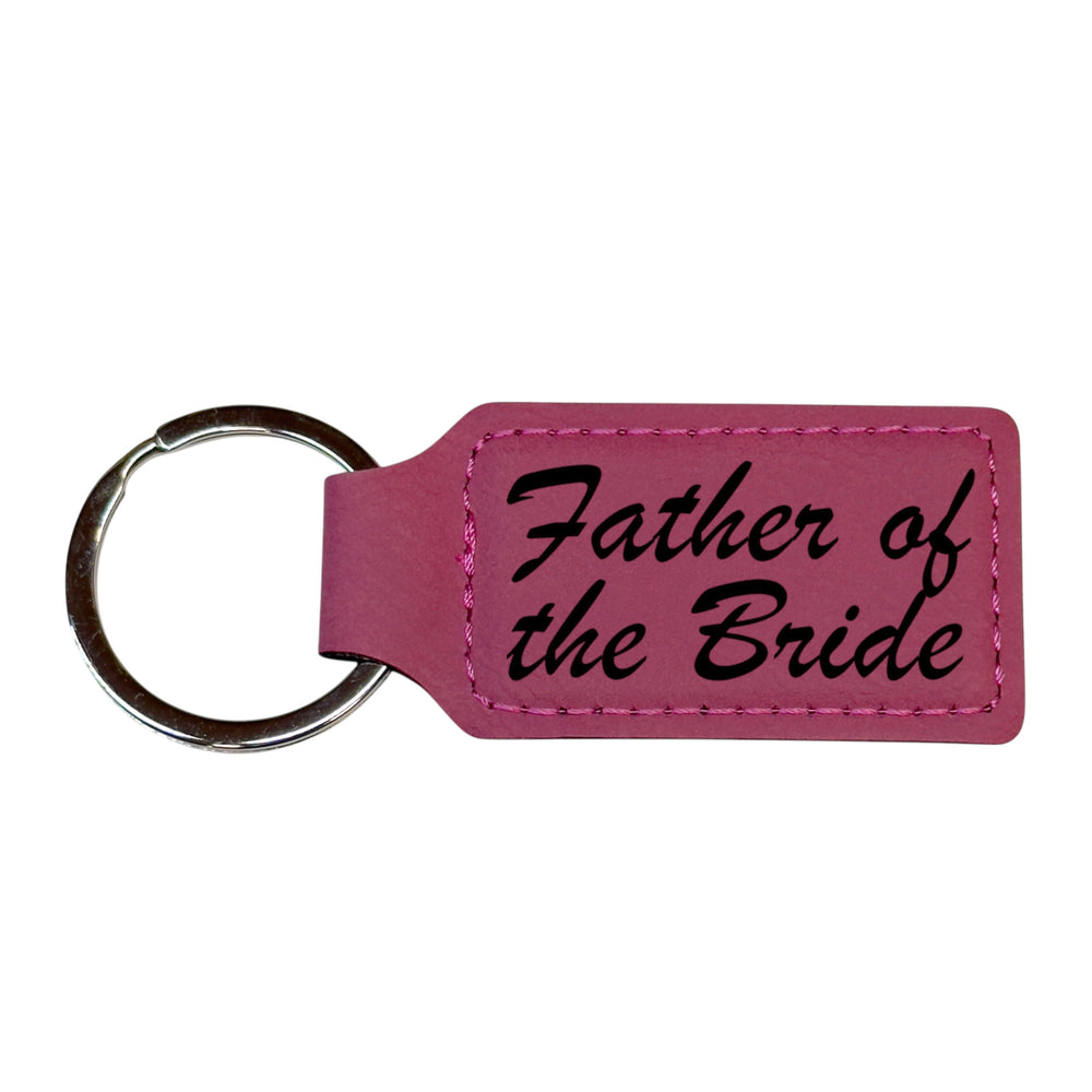 HipFlaskPlus pink leather rectangle keychain with Father of the Bride engraving