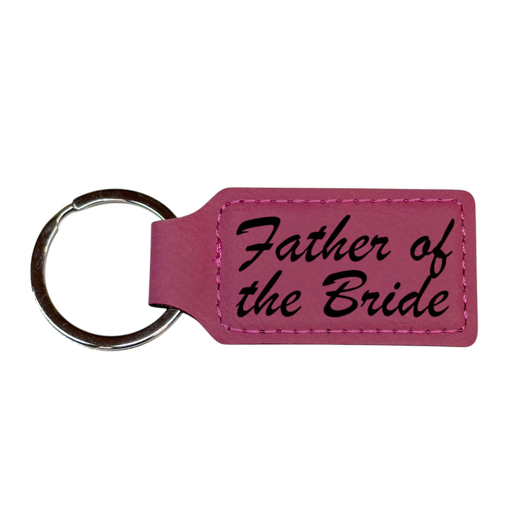 HipFlaskPlus pink leather rectangle keychain with Father of the Bride engraving