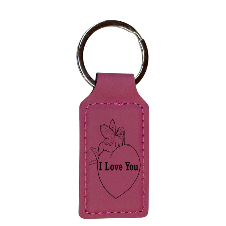 Keychain - Rectangle - I love you with Fairie on Heart - Leather