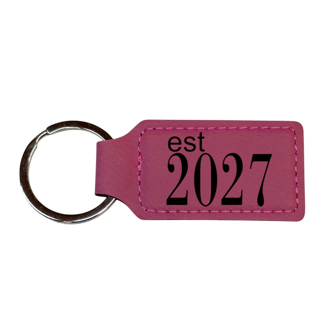 HipFlaskPlus pink leather rectangle keychain with Est 2027 engraving