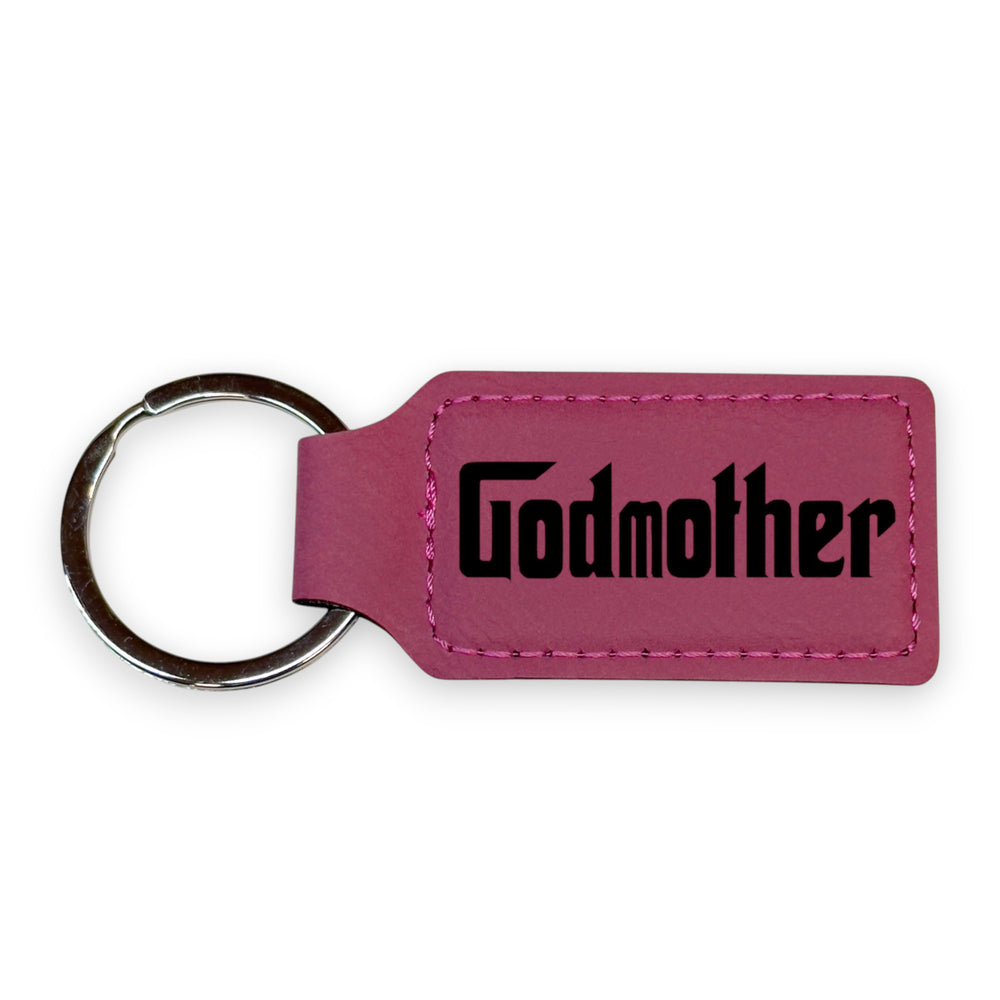 HipFlaskPlus pink leather rectangle keychain with Godmother engraving