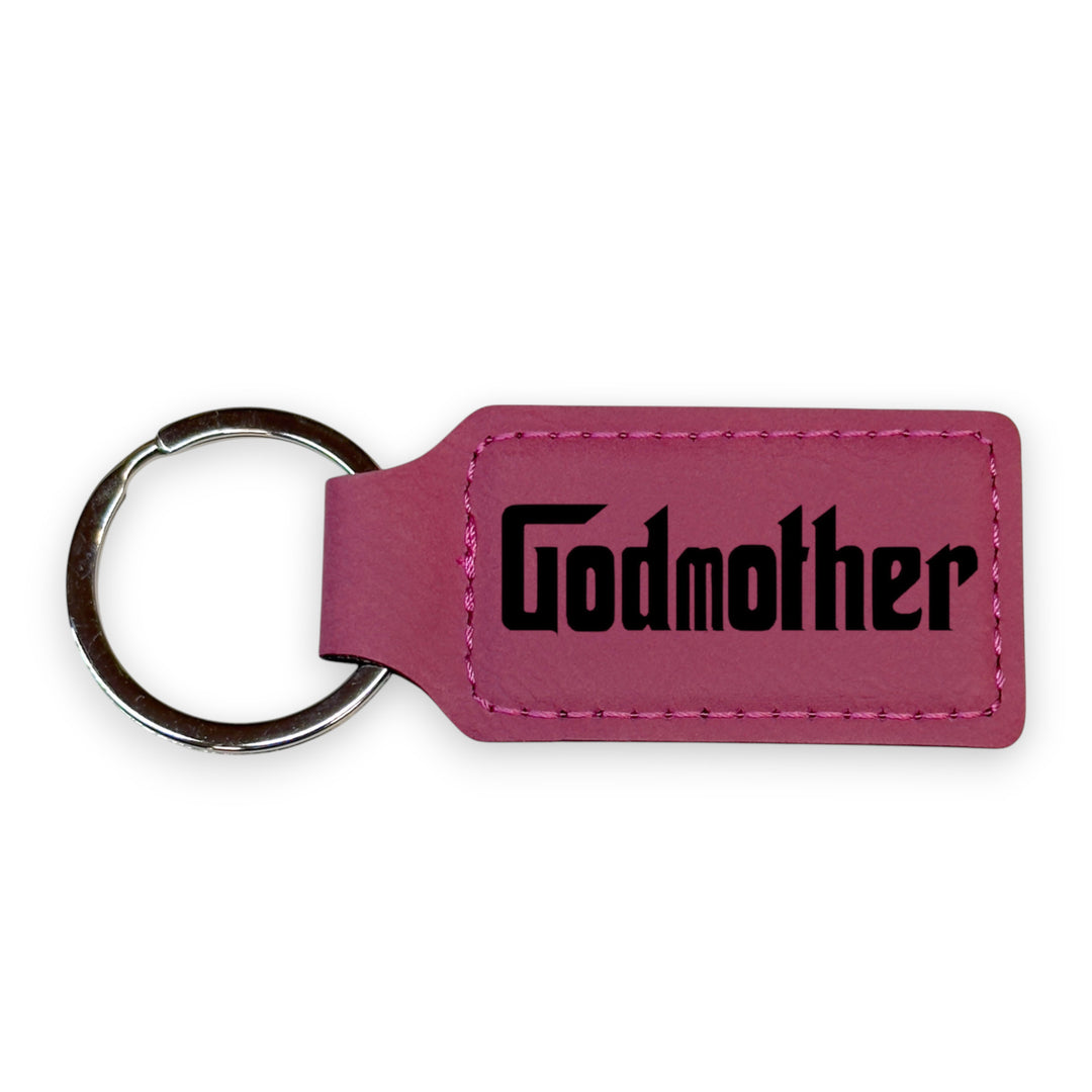 HipFlaskPlus pink leather rectangle keychain with Godmother engraving