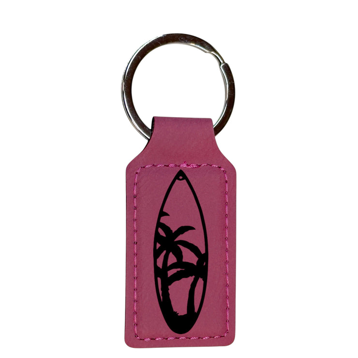 Keychain - Rectangle - Palm Tree Surfboard - Leather