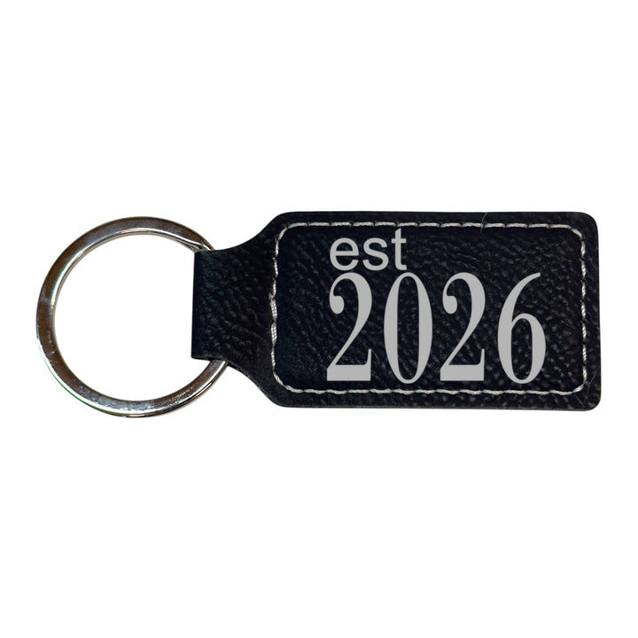 HipFlaskPlus black leather rectangle keychain with Est 2026 engraving