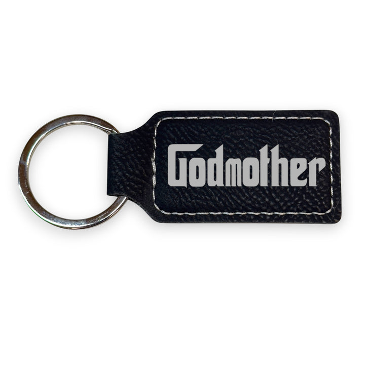 HipFlaskPlus black leather rectangle keychain with Godmother engraving