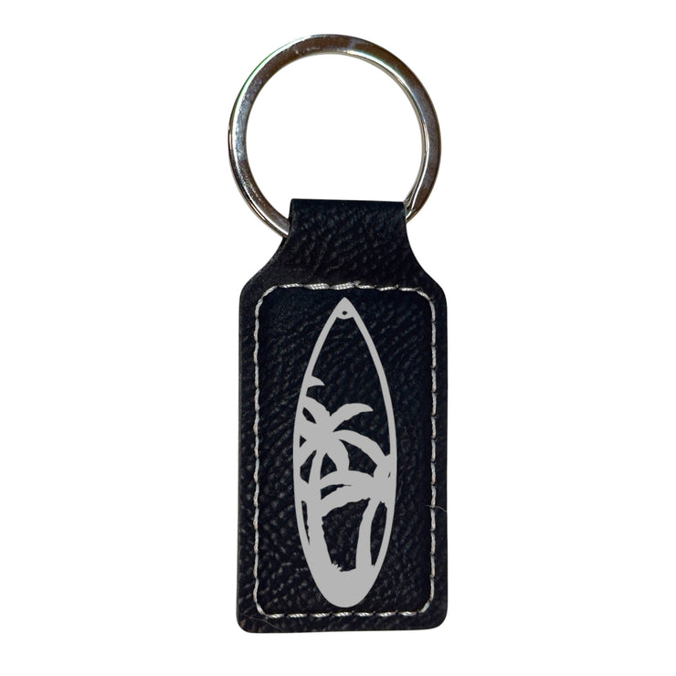 Keychain - Rectangle - Palm Tree Surfboard - Leather