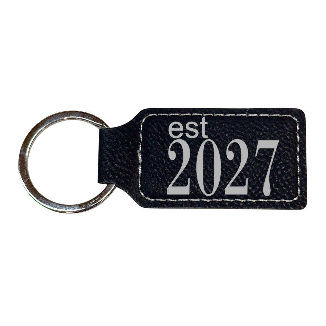 HipFlaskPlus black leather rectangle keychain with Est 2027 engraving