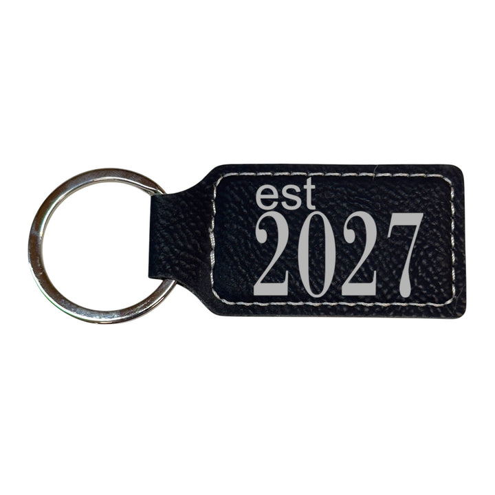 HipFlaskPlus black leather rectangle keychain with Est 2027 engraving