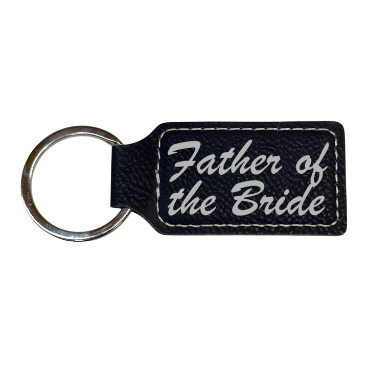 HipFlaskPlus black leather rectangle keychain with Father of the Bride engraving