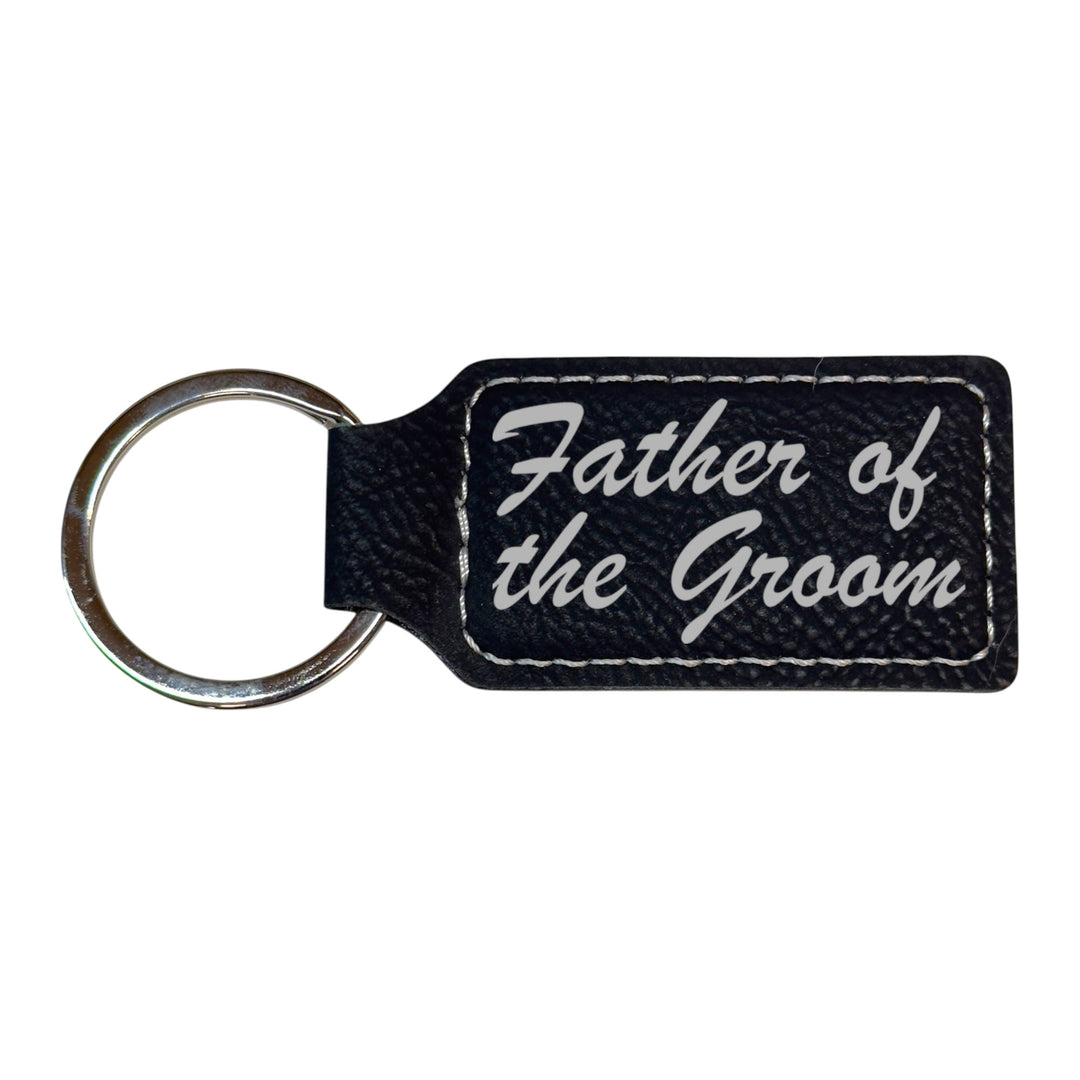 HipFlaskPlus black leather rectangle keychain with Father of the Groom engraving