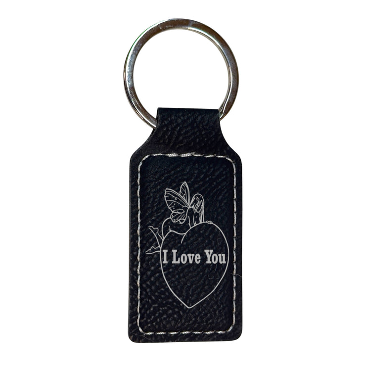 Keychain - Rectangle - I love you with Fairie on Heart - Leather