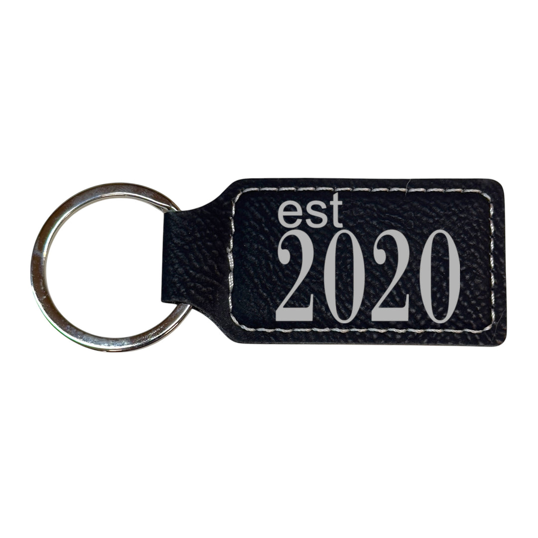 HipFlaskPlus black leather rectangle keychain with Est 2020 engraving