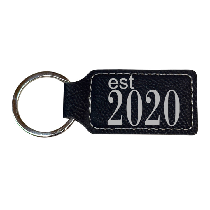 HipFlaskPlus black leather rectangle keychain with Est 2020 engraving