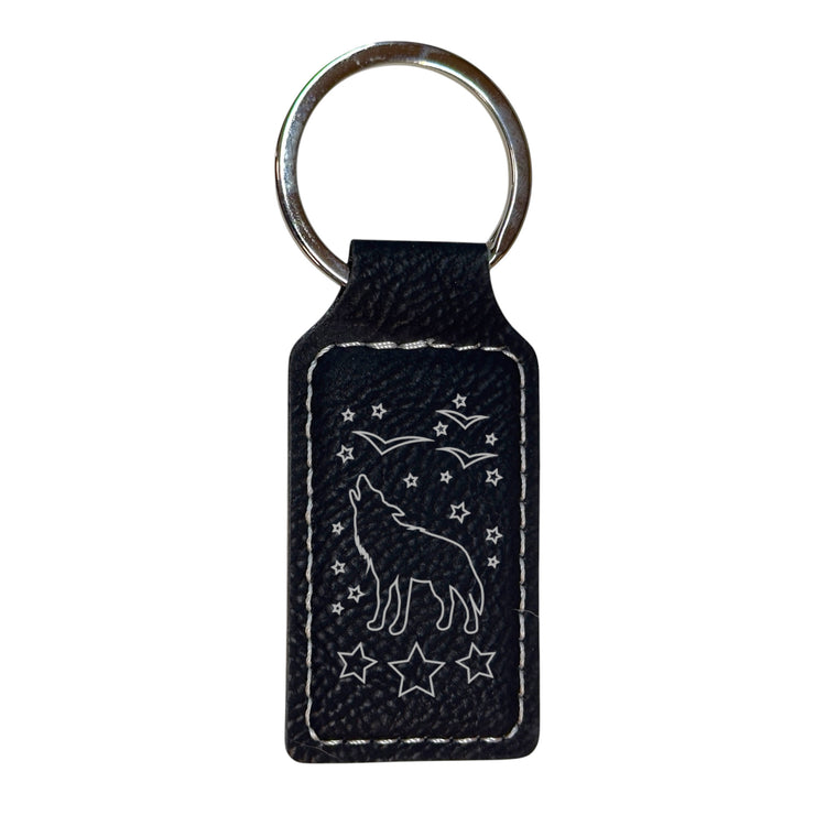 Keychain - Rectangle - Howling Wolf - Leather