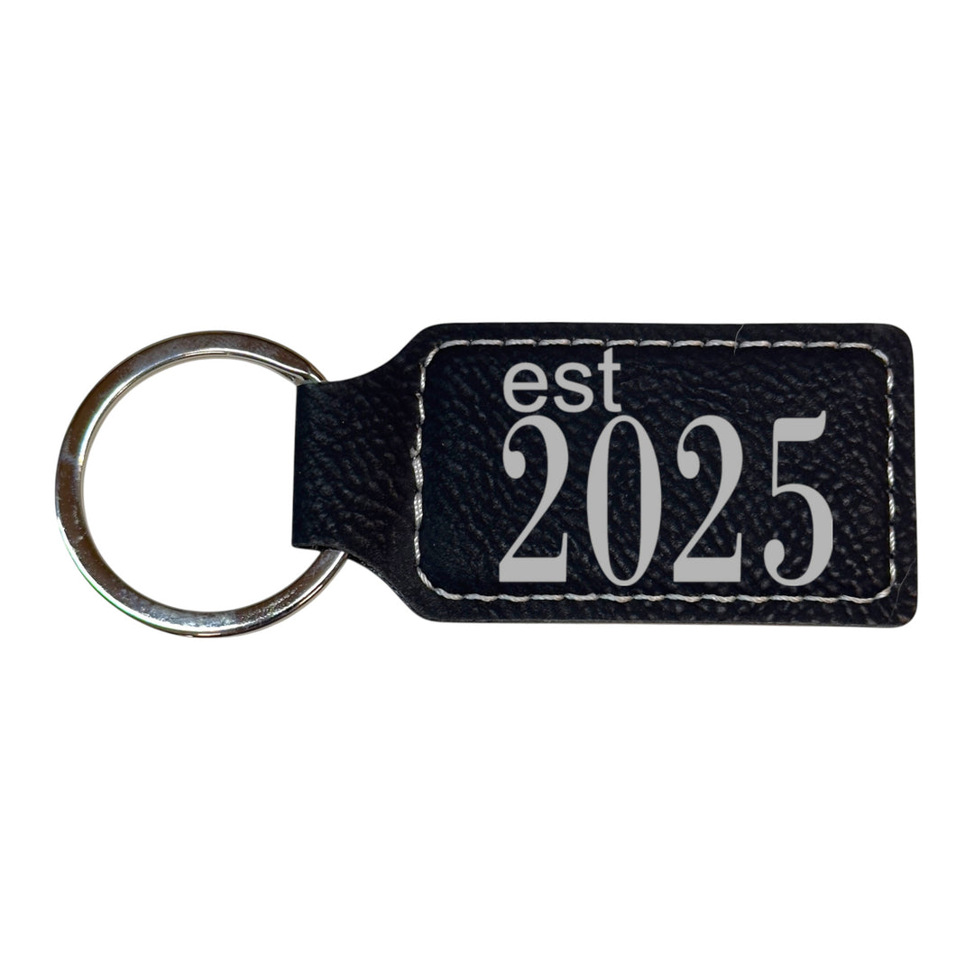 HipFlaskPlus black leather rectangle keychain with Est 2025 engraving