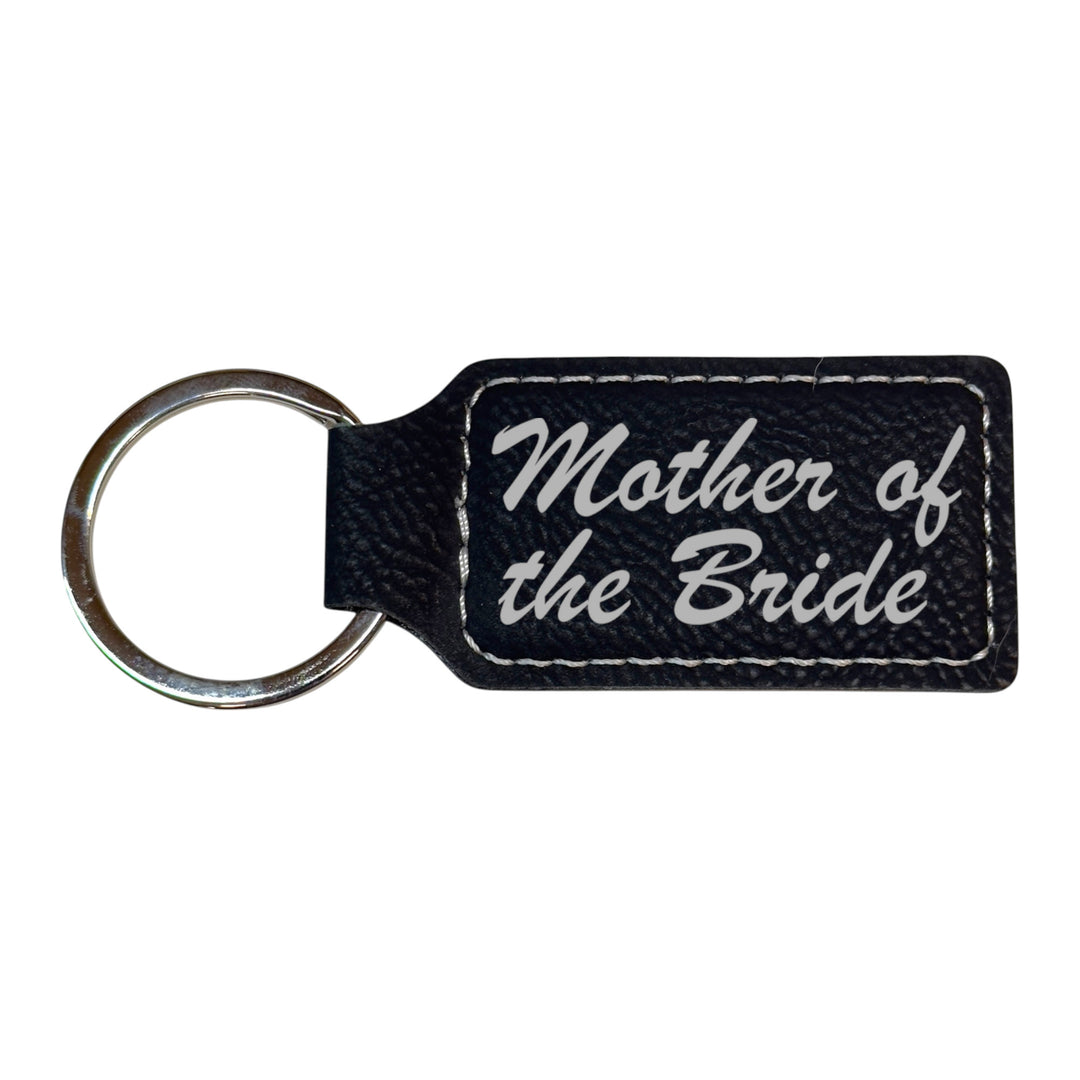 HipFlaskPlus black leather rectangle keychain with Mother of the Bride engraving