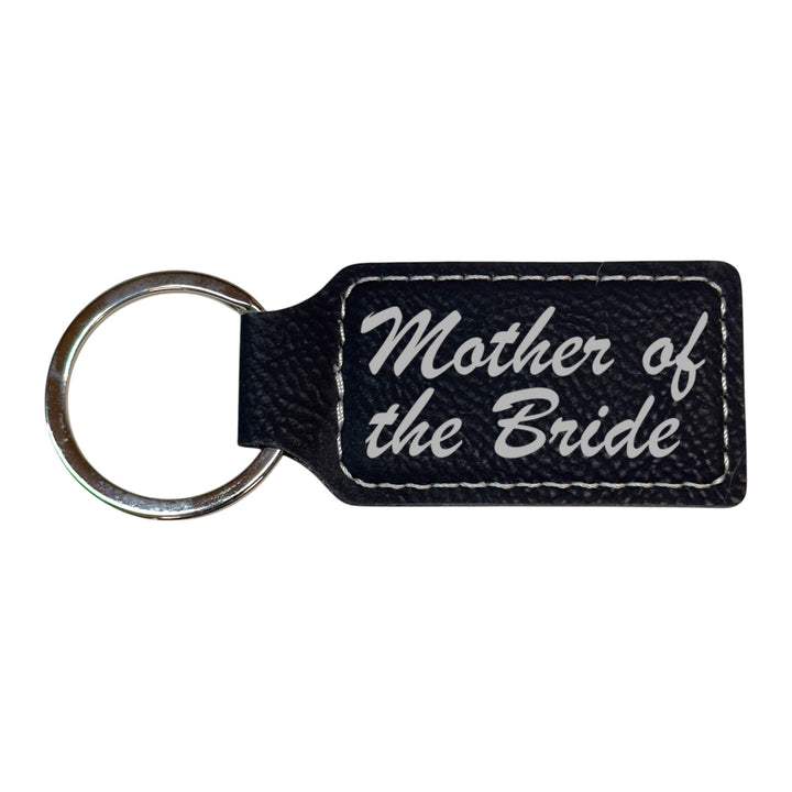 HipFlaskPlus black leather rectangle keychain with Mother of the Bride engraving
