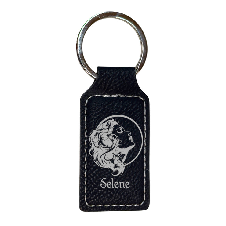 Keychain - Rectangle - Selene Goddess of the Moon - Leather