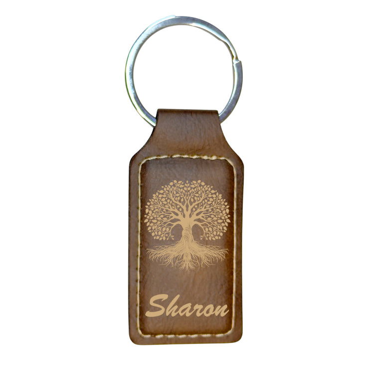 Keychain - Rectangle - PERSONALIZED - Celtic Tree of Life - Leather