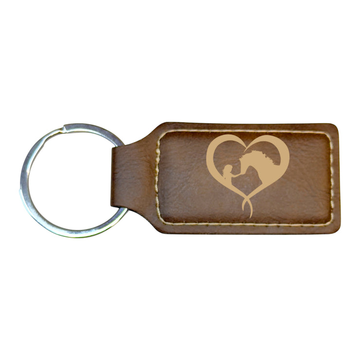 Keychain - Rectangle - Girl and Horse Heart - Leather