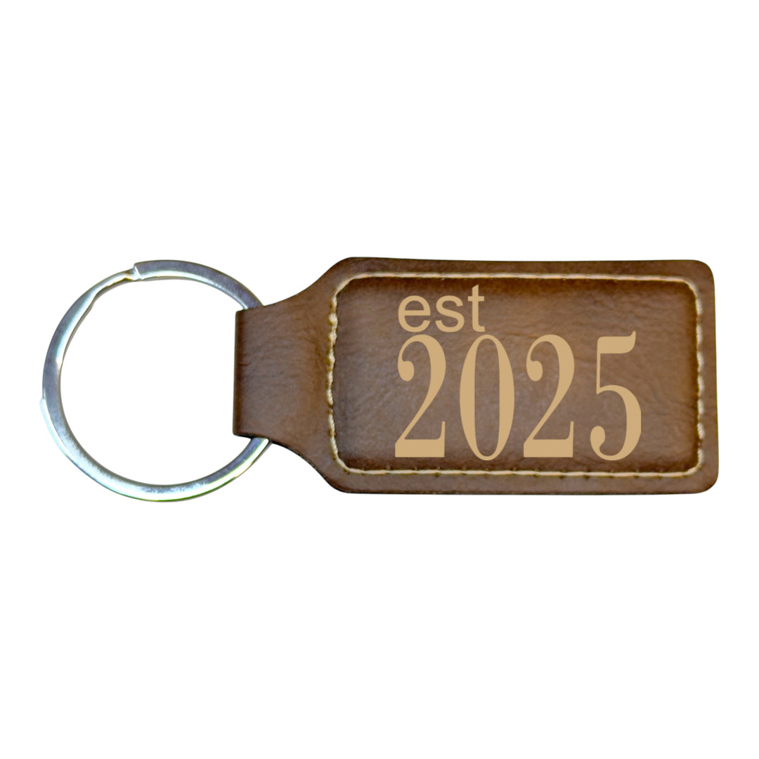 HipFlaskPlus rustic brown leather rectangle keychain with Est 2025 engraving