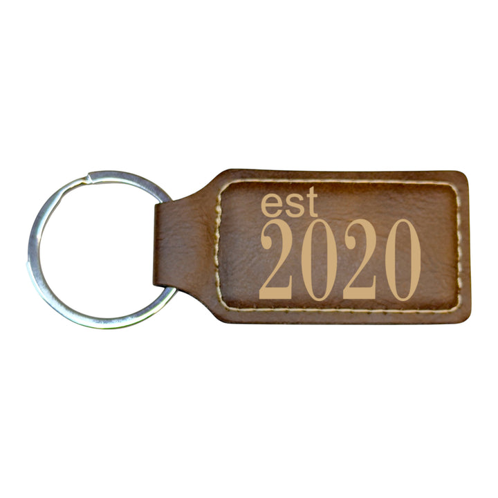 HipFlaskPlus rustic brown leather rectangle keychain with Est 2020 engraving