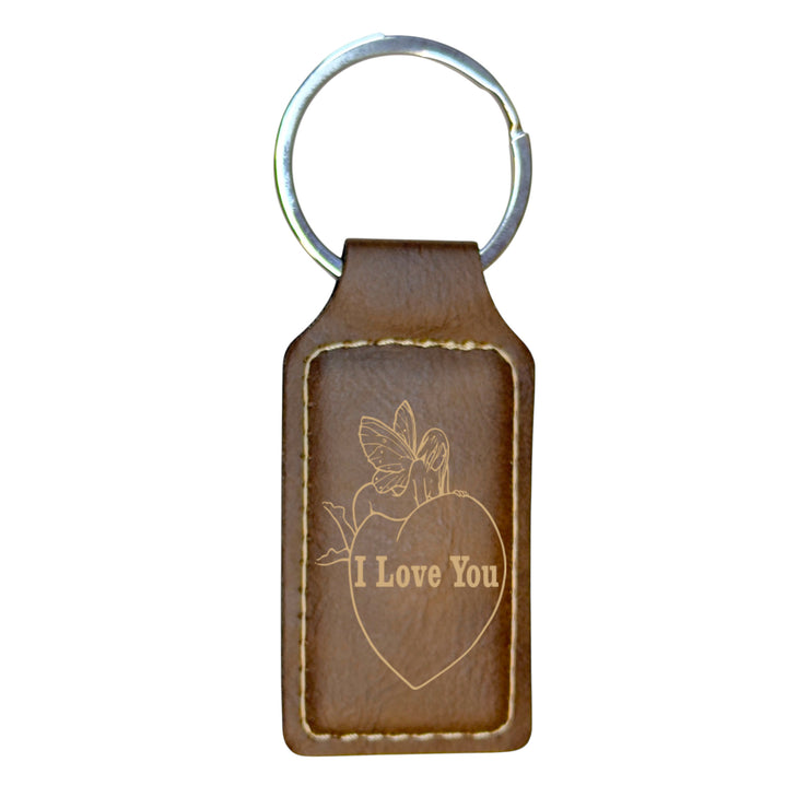Keychain - Rectangle - I love you with Fairie on Heart - Leather
