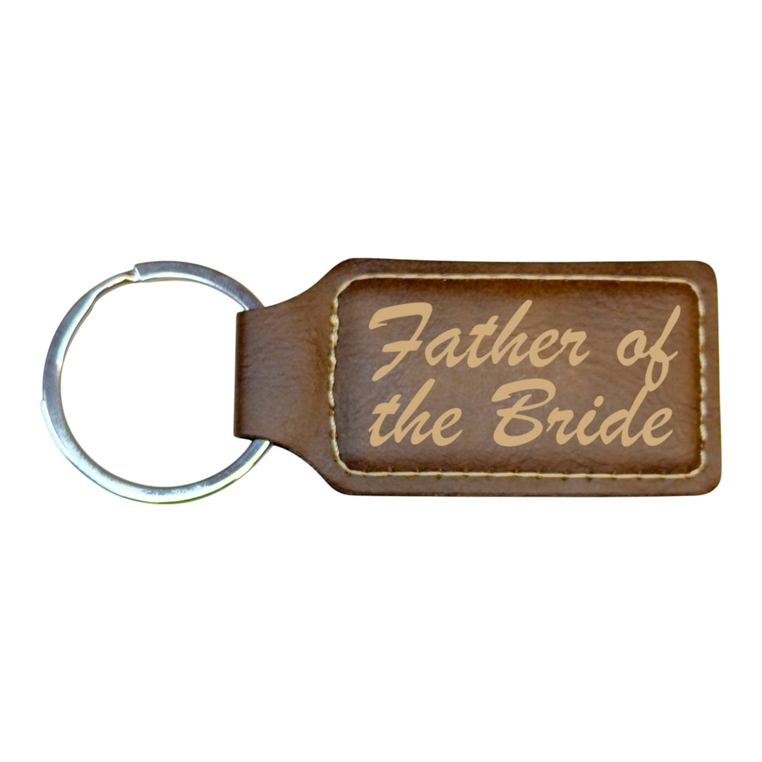 HipFlaskPlus rustic brown leather rectangle keychain with Father of the Bride engraving