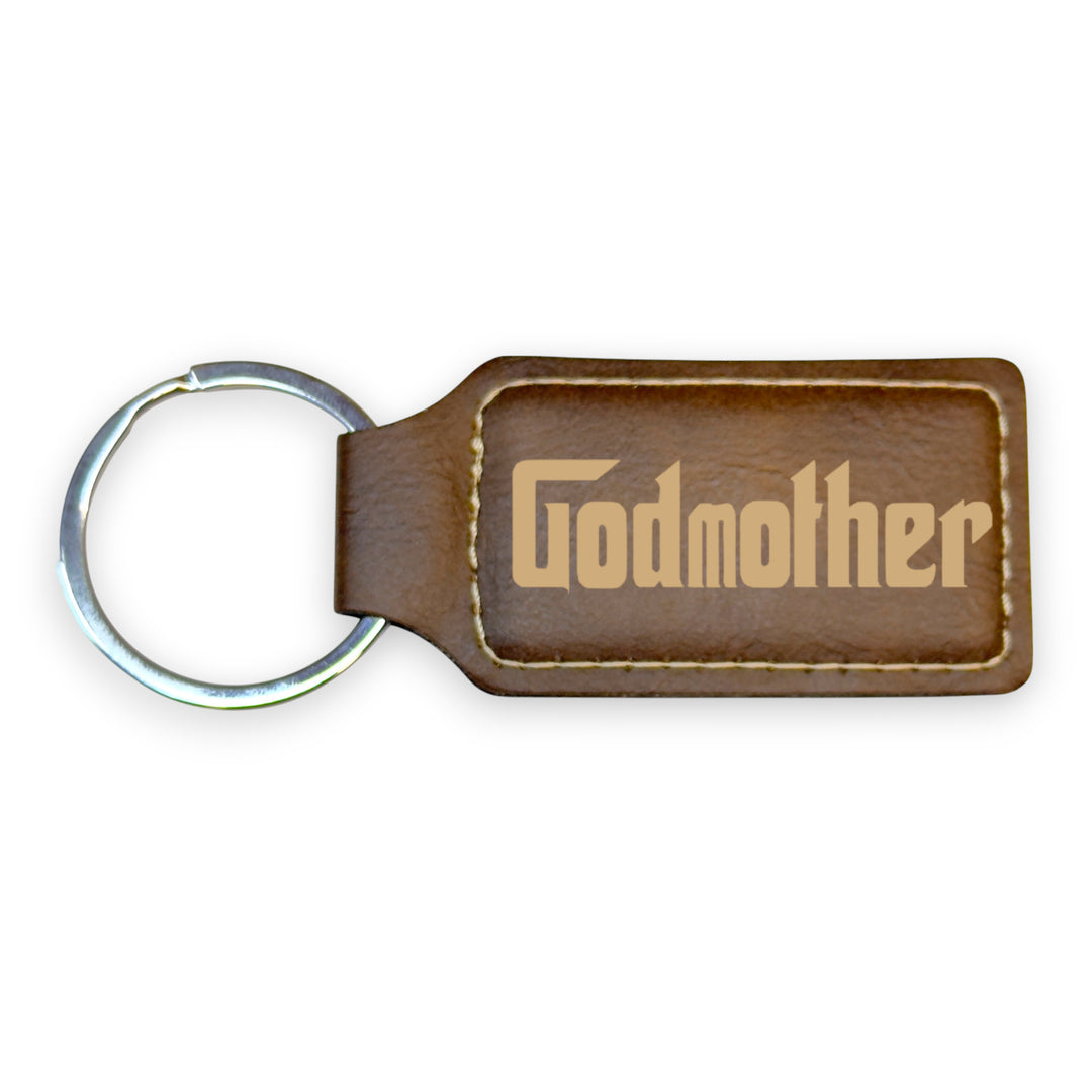 HipFlaskPlus rustic brown leather rectangle keychain with Godmother engraving