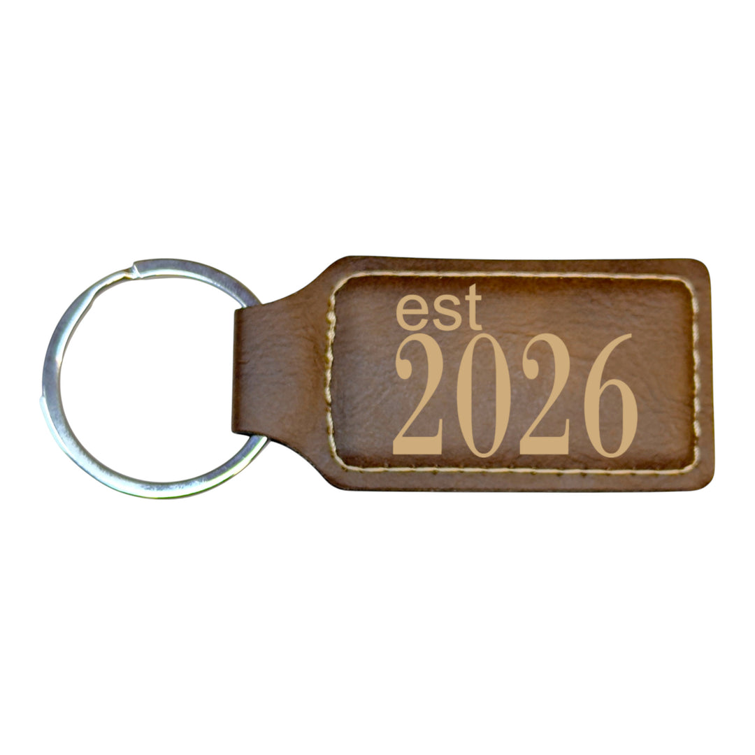 HipFlaskPlus rustic brown leather rectangle keychain with Est 2026 engraving