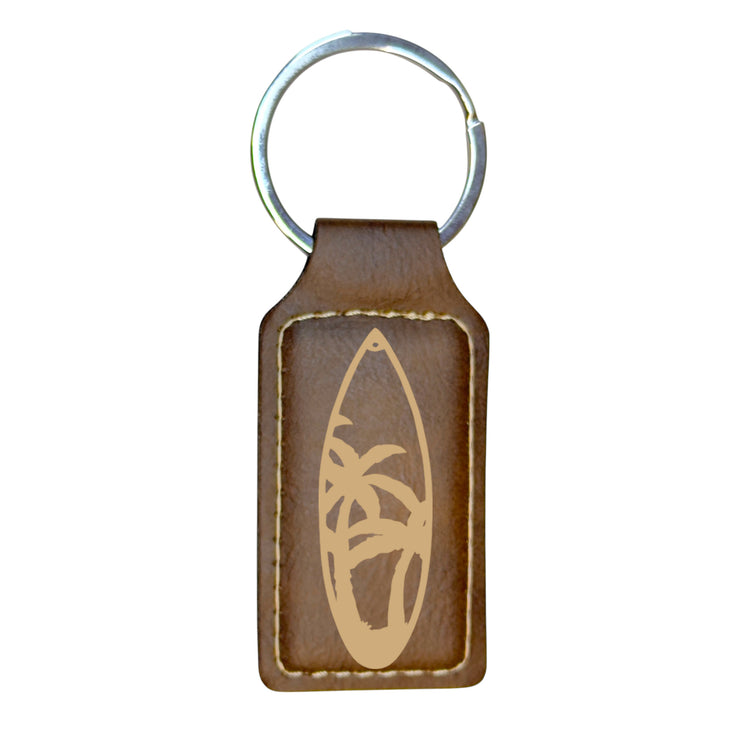 Keychain - Rectangle - Palm Tree Surfboard - Leather