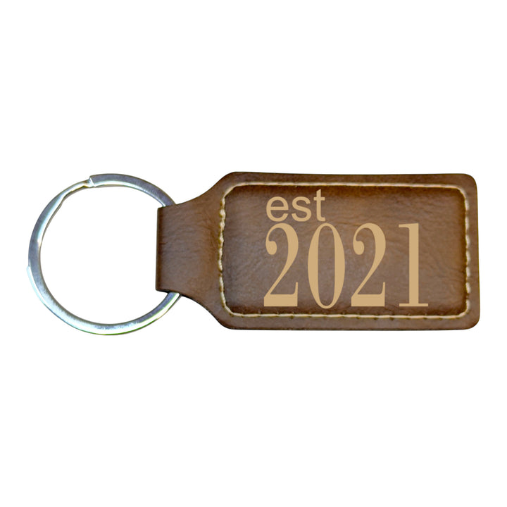 HipFlaskPlus rustic brown leather rectangle keychain with Est 2021 engraving