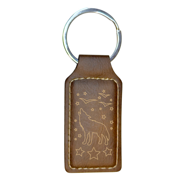 Keychain - Rectangle - Howling Wolf - Leather