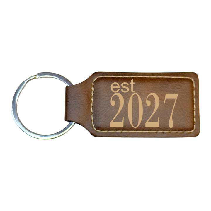HipFlaskPlus rustic brown leather rectangle keychain with Est 2027 engraving