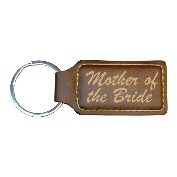 HipFlaskPlus rustic brown leather rectangle keychain with Mother of the Bride engraving