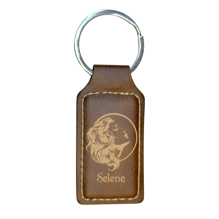 Keychain - Rectangle - Selene Goddess of the Moon - Leather