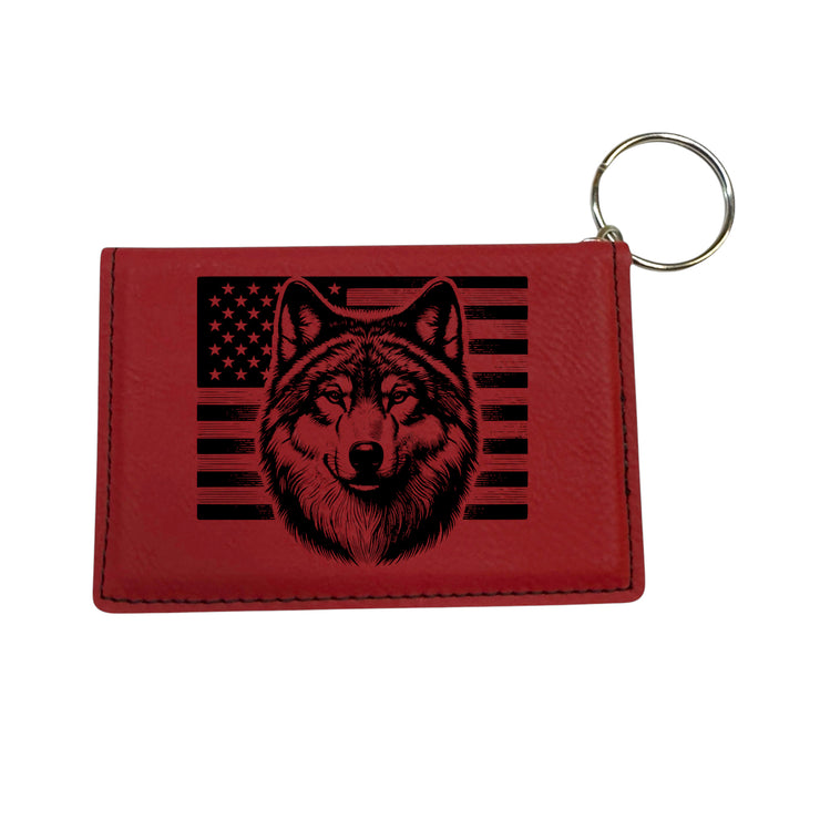 Keychain ID Holder Wallet - Wolf and US Flag - Leather
