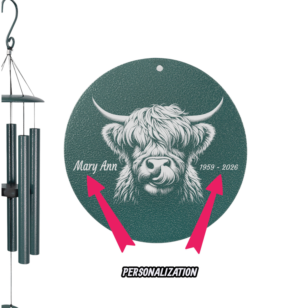 HipFlaskPlus personalized Highland Cow green powder coated wind chime showing where the personalized name is engraved