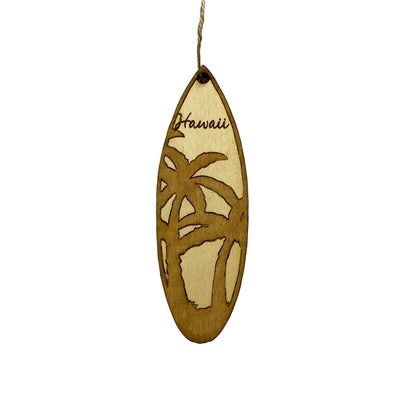Ornament - Hawaii Palm Tree Surfboard - Raw Wood Maple