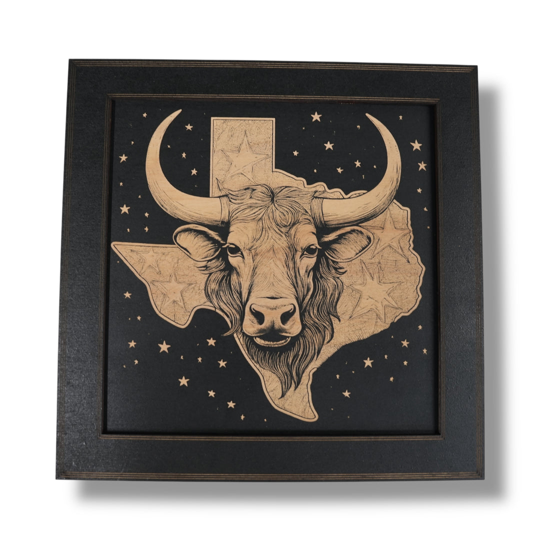 HipFlaskPlus Texas engraved wood wall art set of 3 pictures in black frames showing one picture from the set