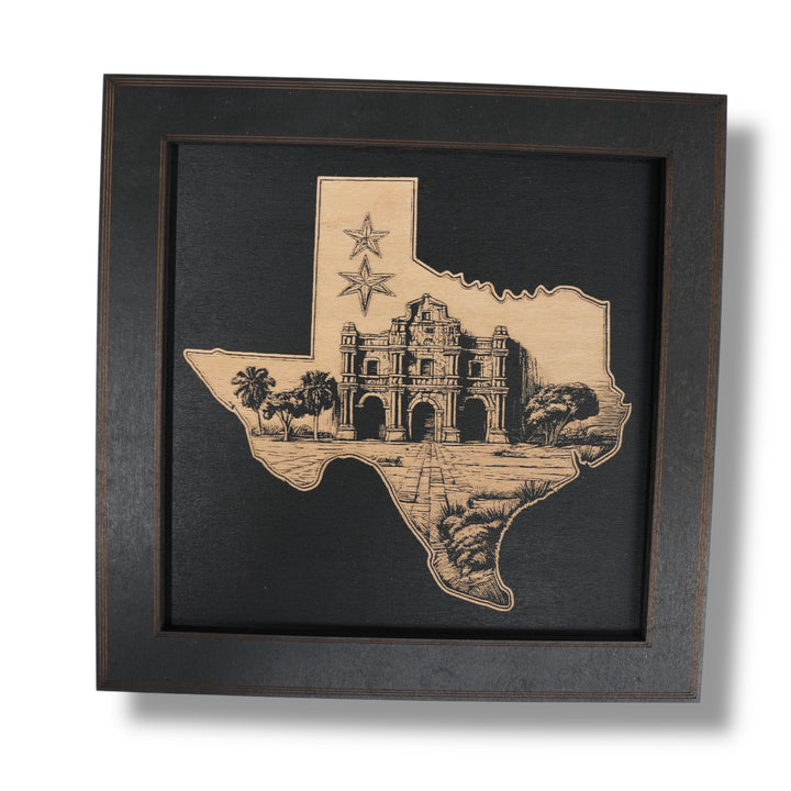 HipFlaskPlus Texas engraved wood wall art set of 3 pictures in black frames showing one picture from the set