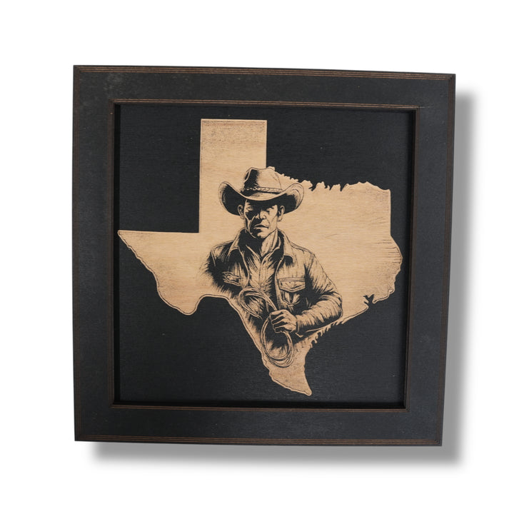 HipFlaskPlus Texas engraved wood wall art set of 3 pictures in black frames showing one picture from the set