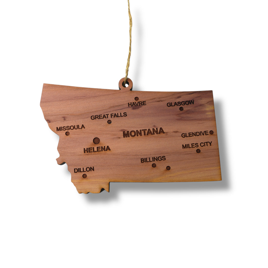 HipFlaskPlus natural wood custom Montana state ornament with cities