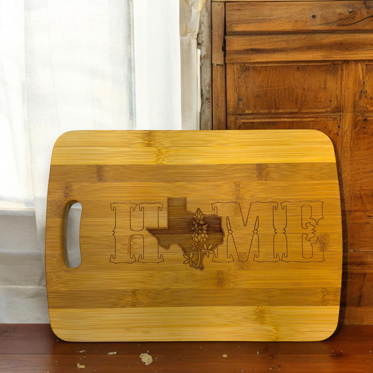 Texas Home with Bluebonnets - Cutting Board 14''x9.5''x.5'' Bamboo
