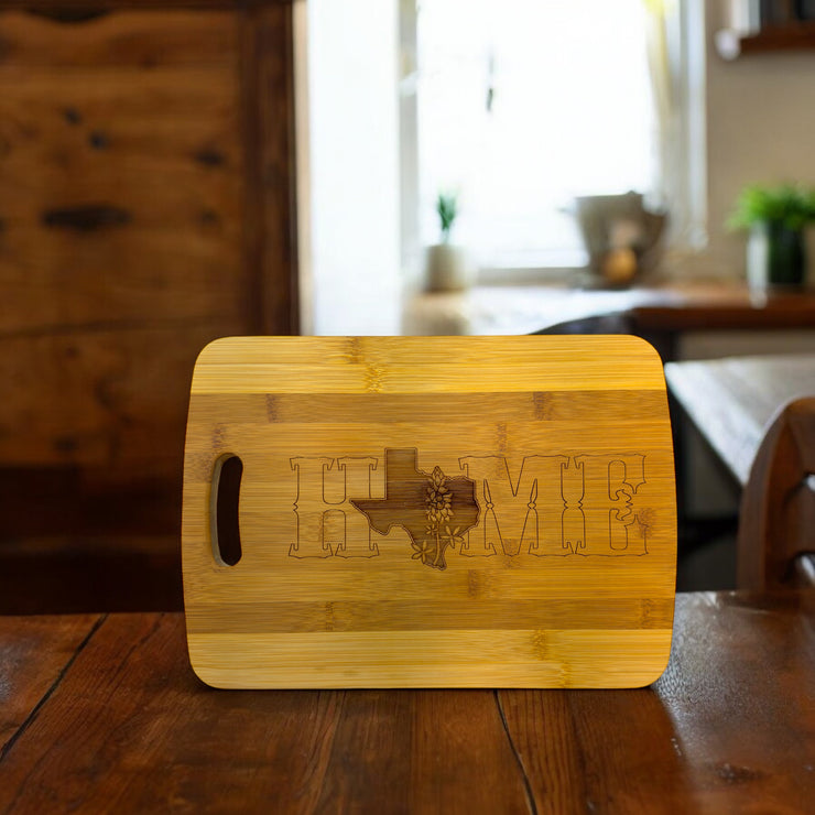 Texas Home with Bluebonnets - Cutting Board 14''x9.5''x.5'' Bamboo