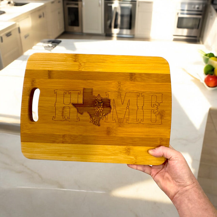 Texas Home with Bluebonnets - Cutting Board 14''x9.5''x.5'' Bamboo