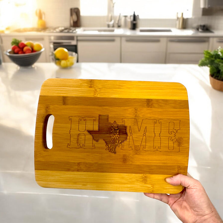Texas Home with Bluebonnets - Cutting Board 14''x9.5''x.5'' Bamboo