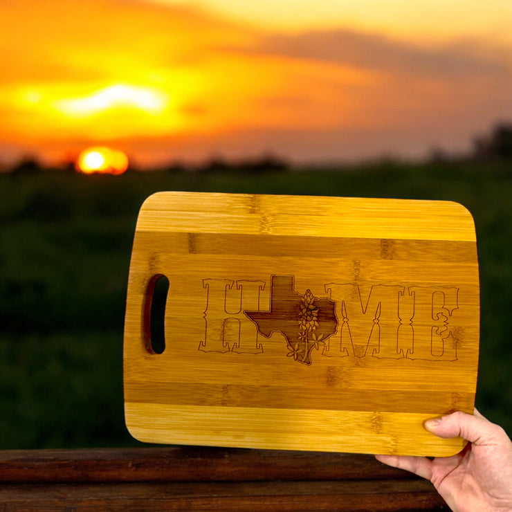 Texas Home with Bluebonnets - Cutting Board 14''x9.5''x.5'' Bamboo