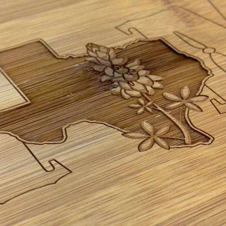 Texas Home with Bluebonnets - Cutting Board 14''x9.5''x.5'' Bamboo
